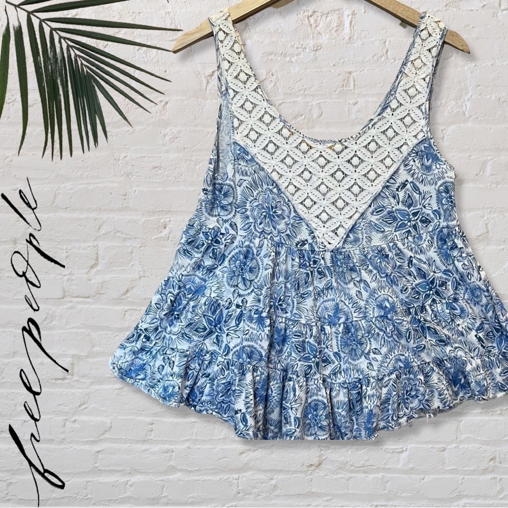 Free People Boho Blue Floral Tunic with crochet trim -  Size Medium - Picture 7 of 12